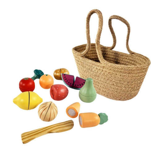 Basket with Wooden Fruit & Vegetables